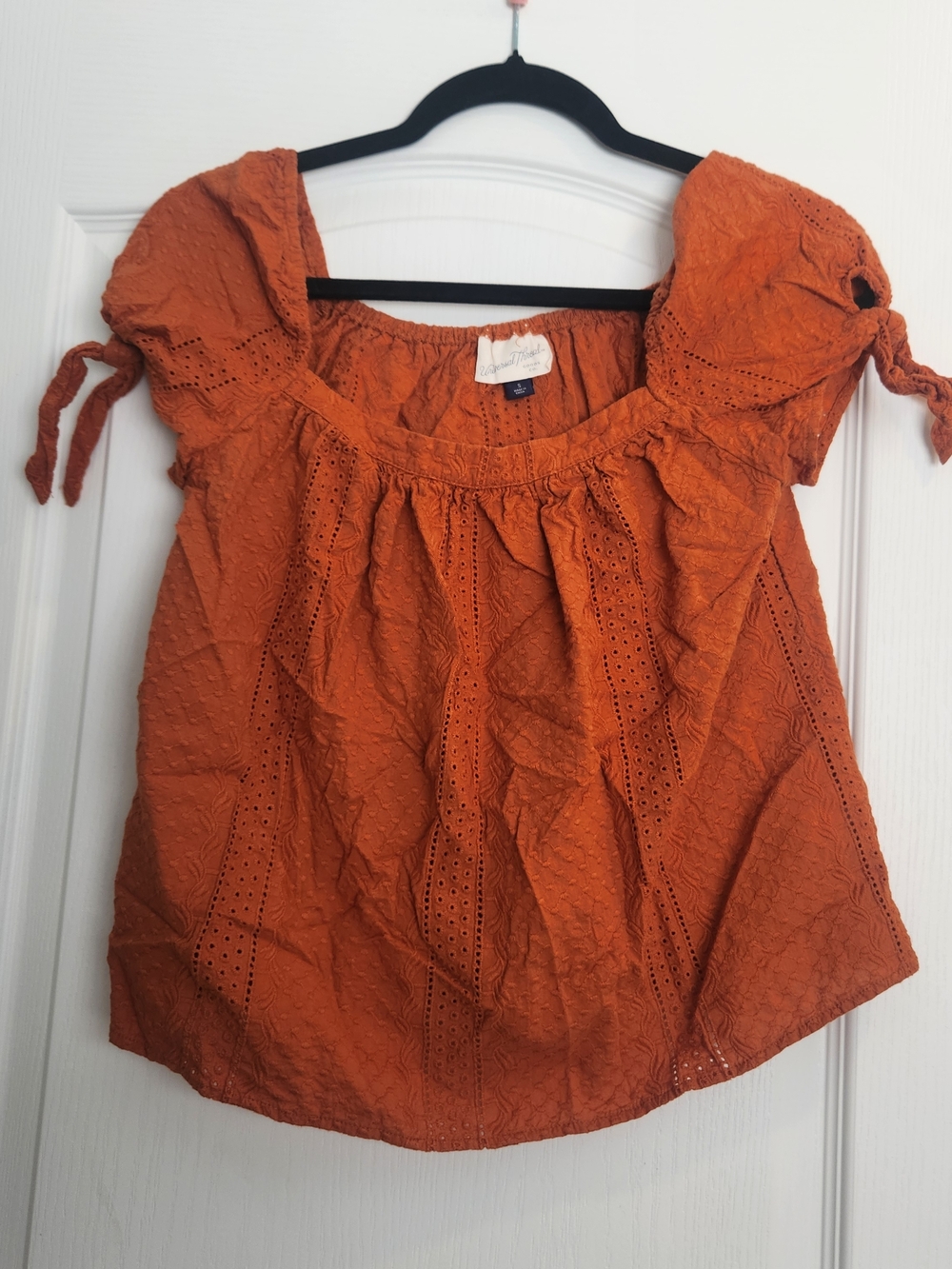 Universal Thread Rust Orange Eyelet Peasant Blouse S Euc